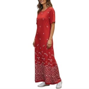 Coldwater Creek Red Floral Border Print Maxi Dress 100% Cotton Size M